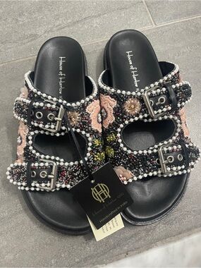 House of Harlow 1960 Black Embellished Beaded Floral Slide Mules